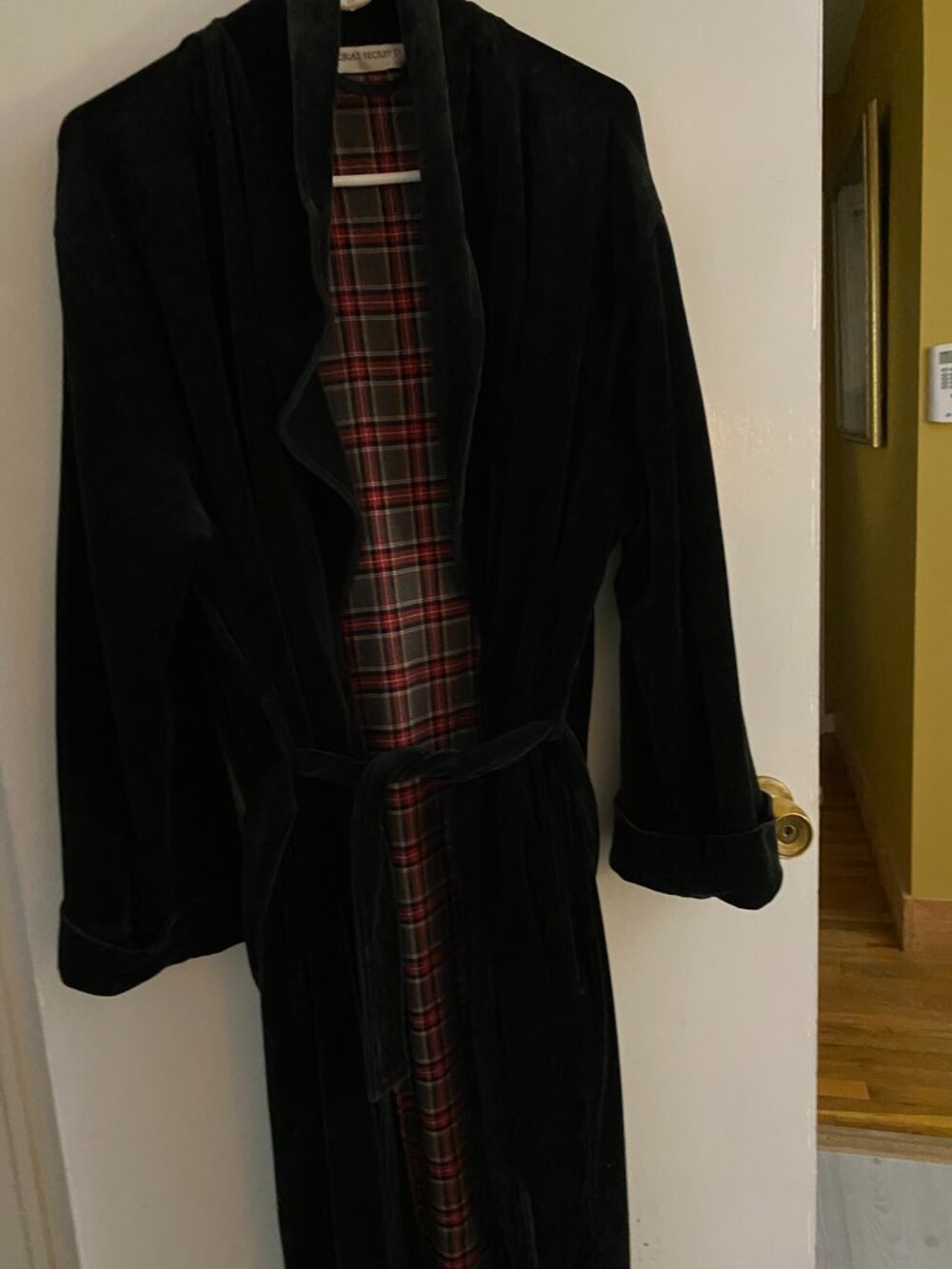 Vintage Victorias Secret Black Velour w/Red Plaid Flannel Lined Long Robe - XS/S